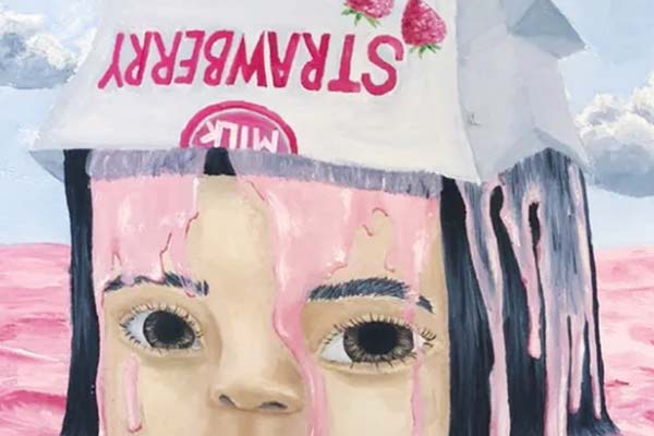 A crop showing a detail of Micca's first oil painting. The crop shows a face with big black eyes, cropped dark hair, with a carton of strawberry milk upturned on their head with milk dipping over the face and hair. In the background is a strawberry milk colured sea and a muted sky with clouds.