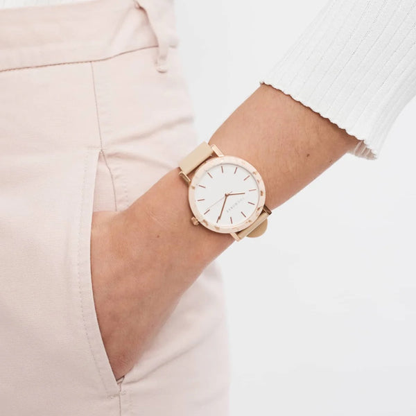 The Horse: Resin Watch - Peach Speckle Shell - White Dial - Vegetable Tan