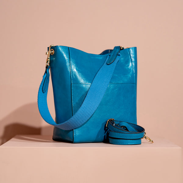 Coo Coo: Large Happy Strap Bucket Bag (Vegan Leather) - Blue