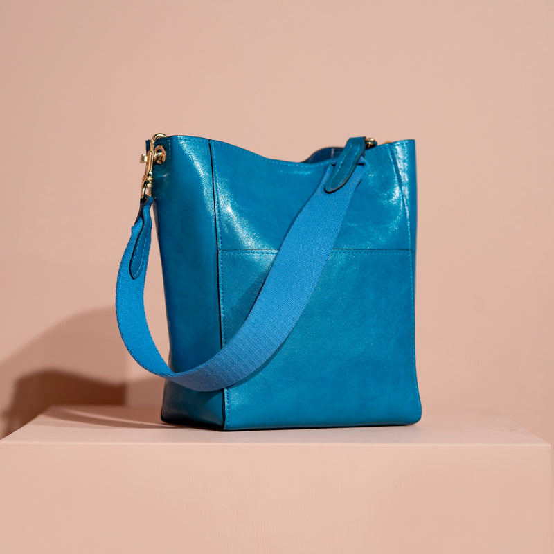 Coo Coo: Large Happy Strap Bucket Bag (Vegan Leather) - Blue