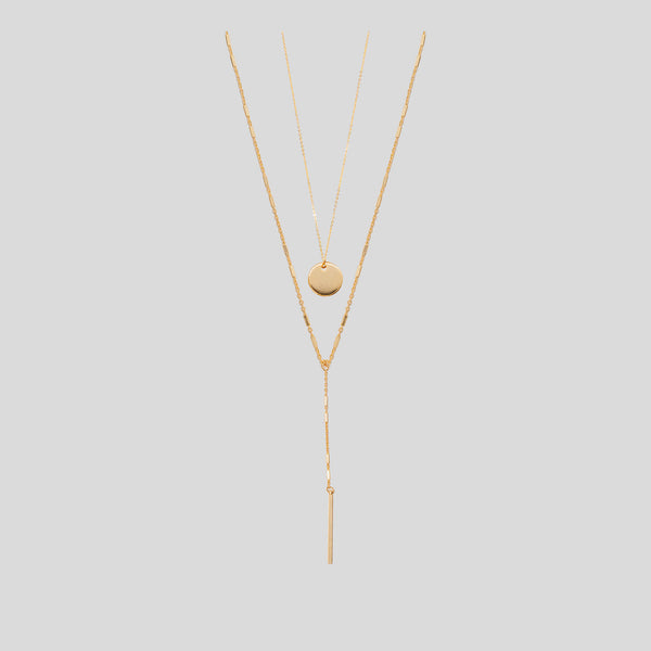 Coo Coo: Coo Coo: Coin & Bar Drop Double Necklace - Gold