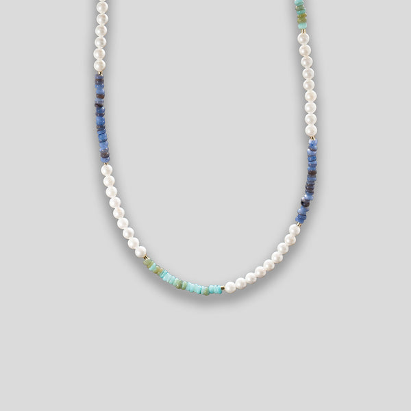 Coo Coo: Coo Coo: Freshwater Pearl & Stone Necklace - Pearl/Turquoise/Blue