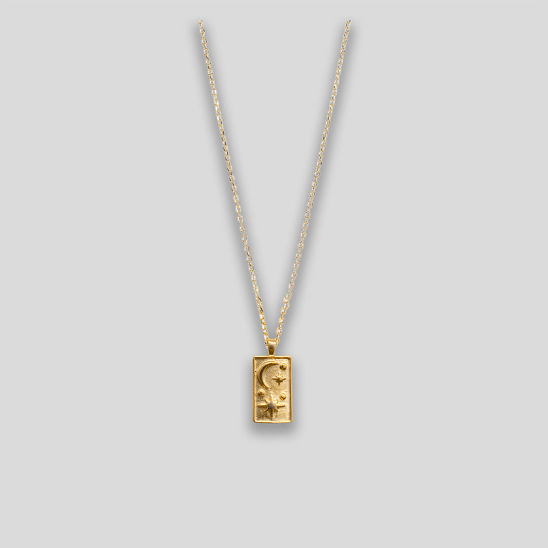 Coo Coo: Coo Coo: Mini Moon & Stars Rectangle Pendant Necklace - Gold