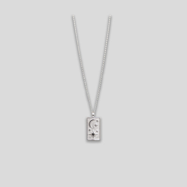 Coo Coo: Mini Moon & Stars Rectangle Pendant Necklace - Silver