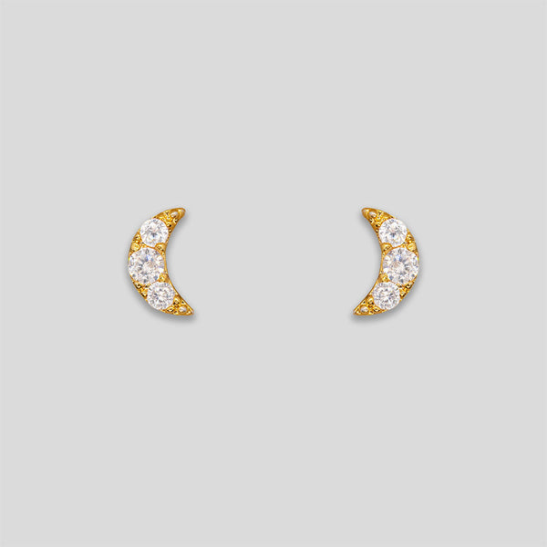 Coo Coo: Coo Coo: Mini Rhinestone Moon Studs - Gold