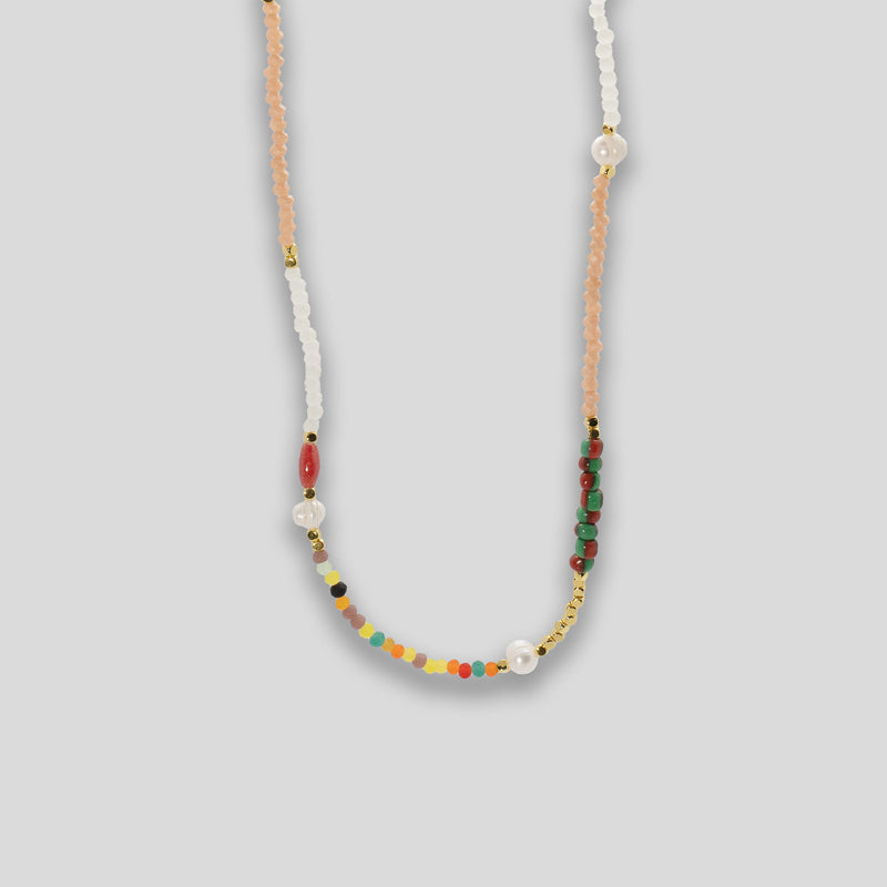 Coo Coo: Coo Coo: Mixed Beads & Pearl Necklace - Peach/Red Multi