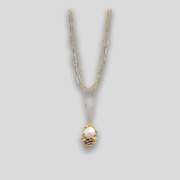 Coo Coo: Coo Coo: Pearl & Chain Double Necklace - Gold