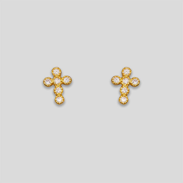 Coo Coo: Coo Coo: Rhinestone Circle Cross Studs - Gold