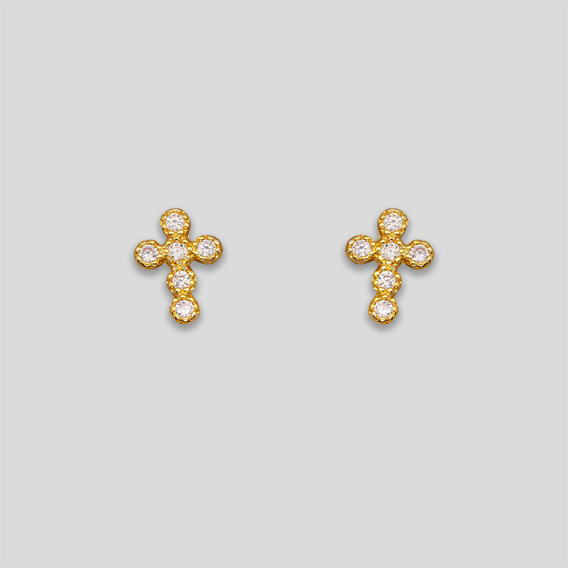 Coo Coo: Coo Coo: Rhinestone Circle Cross Studs - Gold