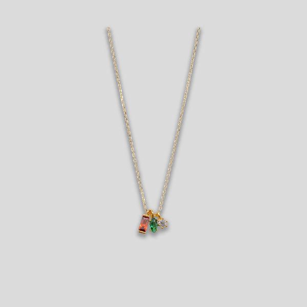 Coo Coo: Coo Coo: Rhinestone Trio Necklace - Gold/Green/Ruby