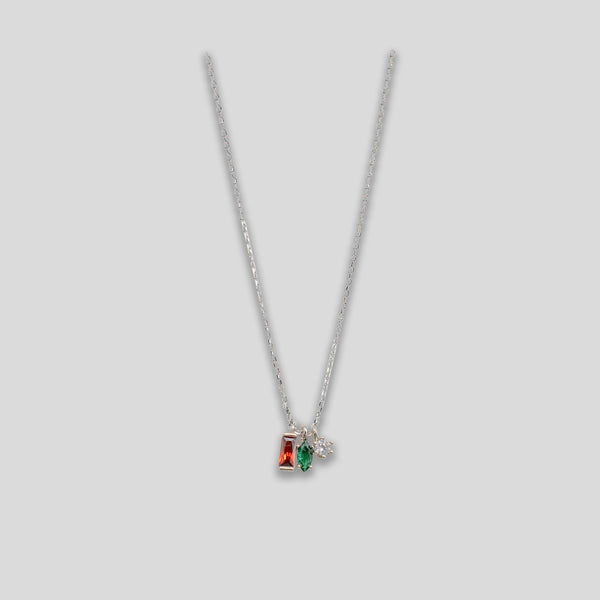 Coo Coo: Coo Coo: Rhinestone Trio Necklace - Silver/Green/Ruby