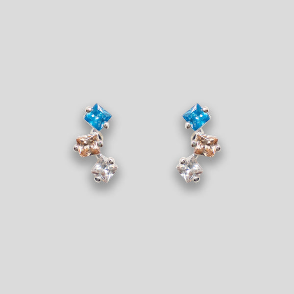 Coo Coo: Coo Coo: Triple Diamante Arc Studs - Blue/Pink/Clear