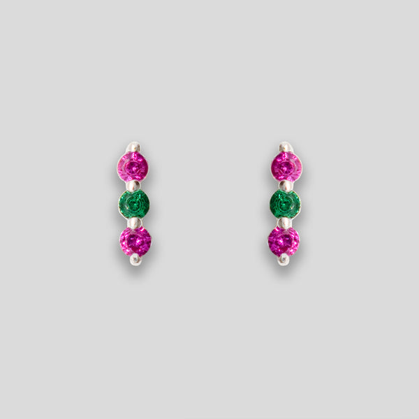 Coo Coo: Coo Coo: Triple Diamante Line Studs - Magenta/Green