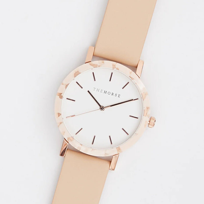 The Horse: Resin Watch - Peach Speckle Shell - White Dial - Vegetable Tan