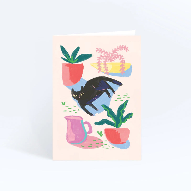 Sunpatch Society: Greeting Card - Reclined Cat With Potplants