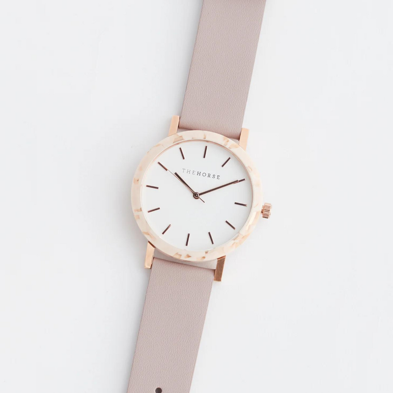 The Horse: Resin Watch - Peach Speckle Nougat -White Rose Gold-Blush Band