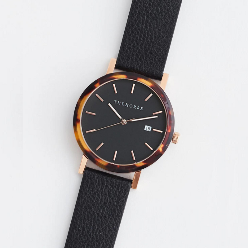 The Horse: Resin Watch - Brown Tortoise - Black Rose Gold Dial - Black