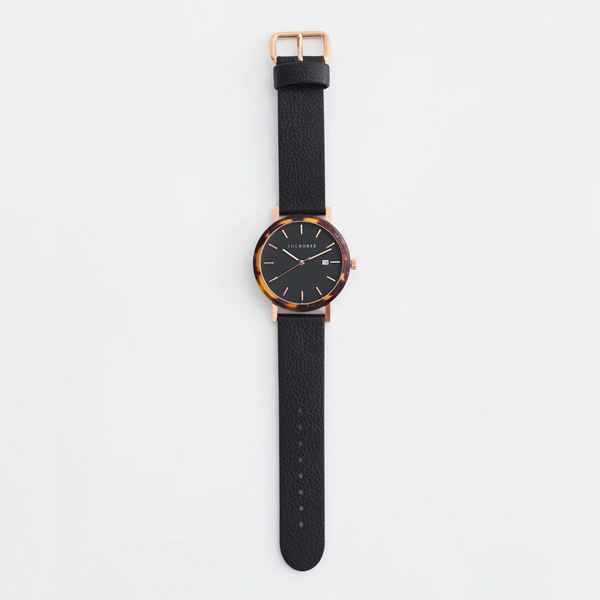 The Horse: Resin Watch - Brown Tortoise - Black Rose Gold Dial - Black