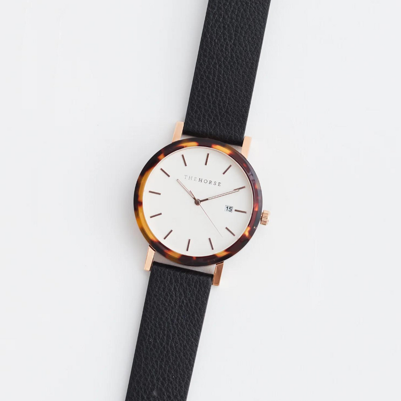 The Horse: Resin Watch - Brown Tortoise - White Rose Gold Dial - Black