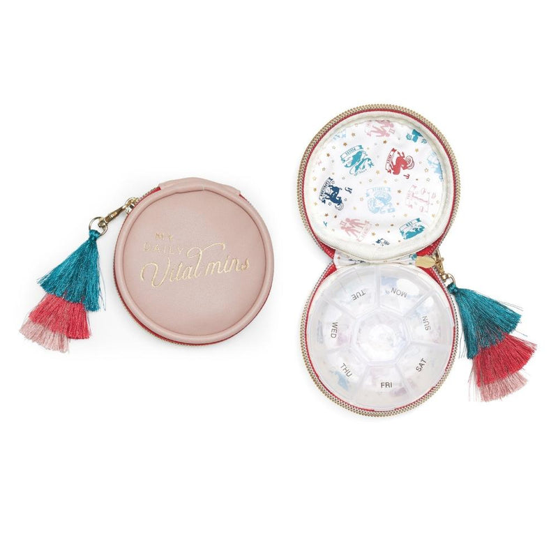 Designworks Ink: Vitamins Pill Box With Tassel - "Daily Vital-Mins" (Dusty Pink)