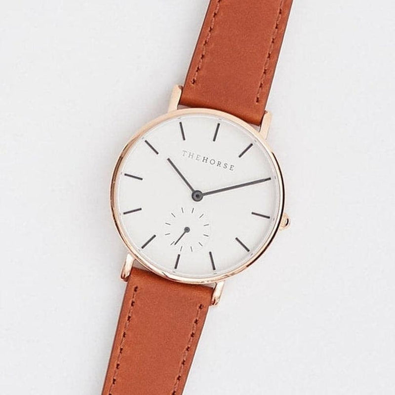 The Horse: Classic Watch - Rose Gold Case - White Dial - Charcoal  - Walnut