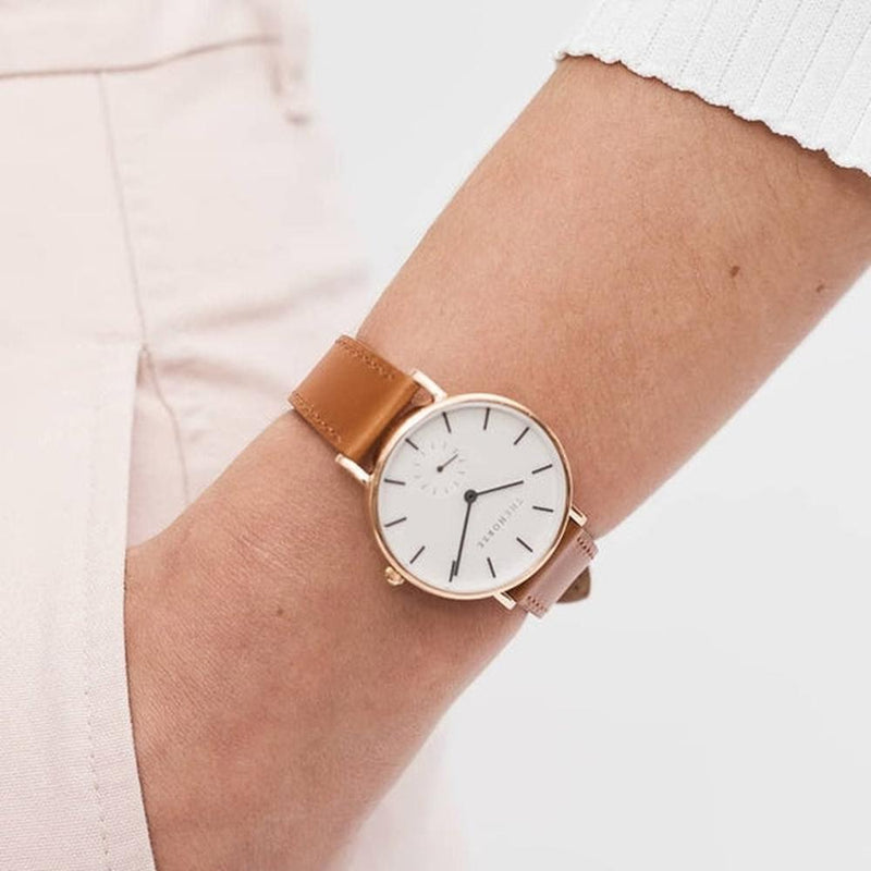 The Horse: Classic Watch - Rose Gold Case - White Dial - Charcoal  - Walnut